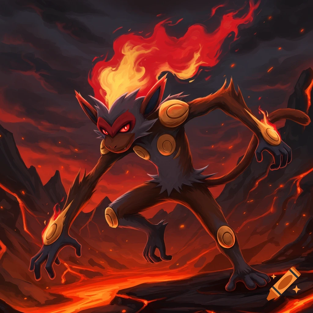A depiction of a fire/dark Infernape in a volcanic landscape.
