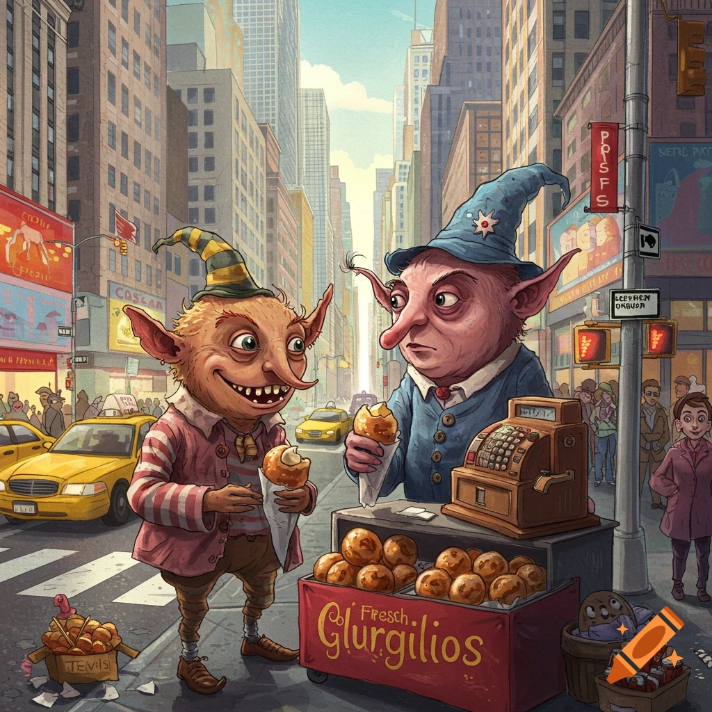 Two fantasy creatures selling food from a street cart in a bustling city.