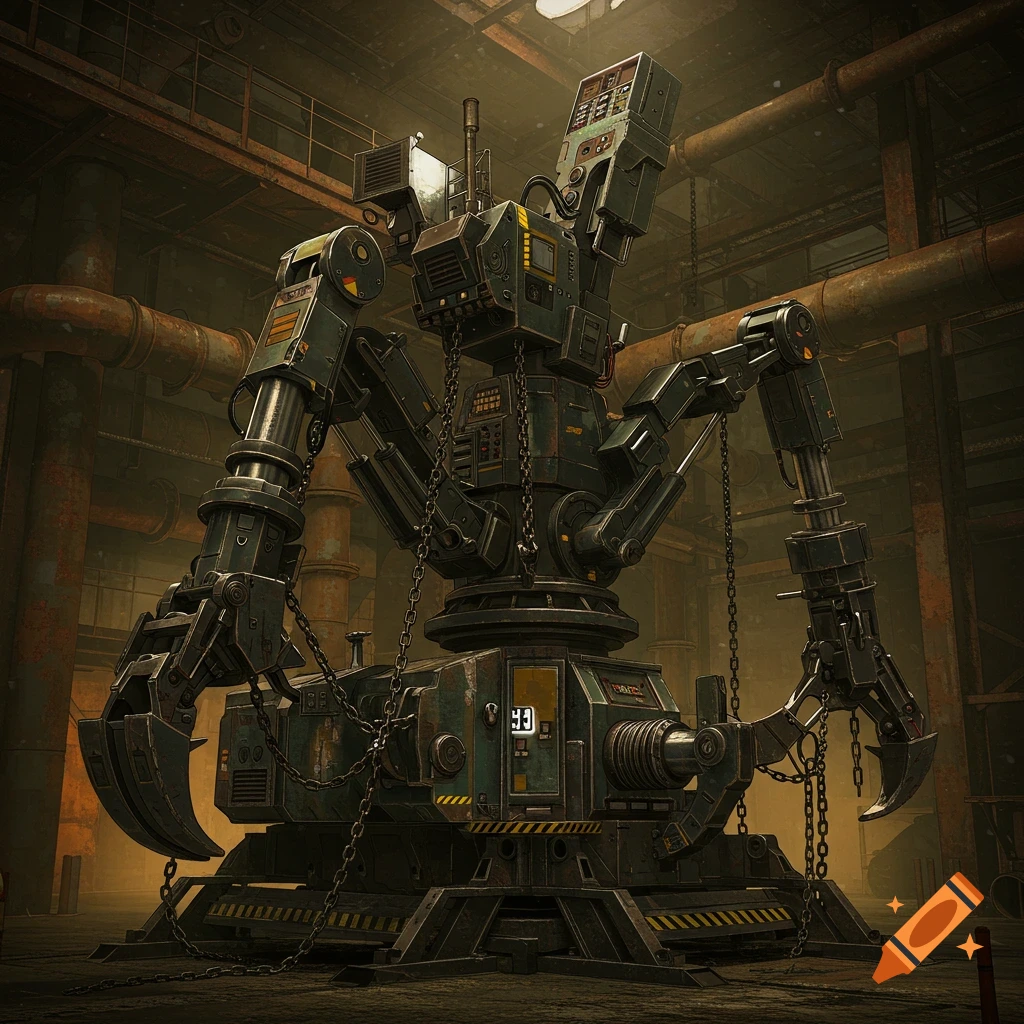 A realistic industrial robot with multiple claw arms and chains in a factory setting.