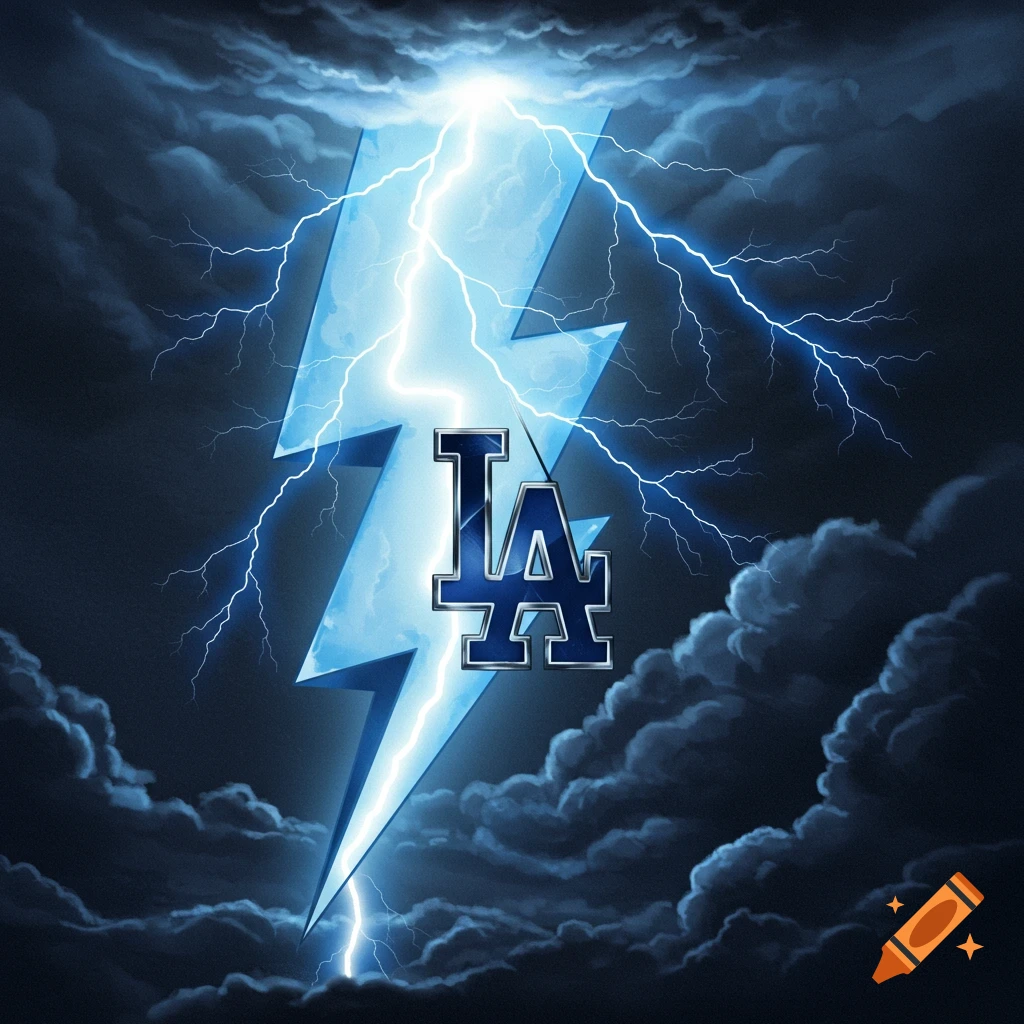 The LA logo centered on a bright blue lightning bolt surrounded by dark storm clouds and lightning.