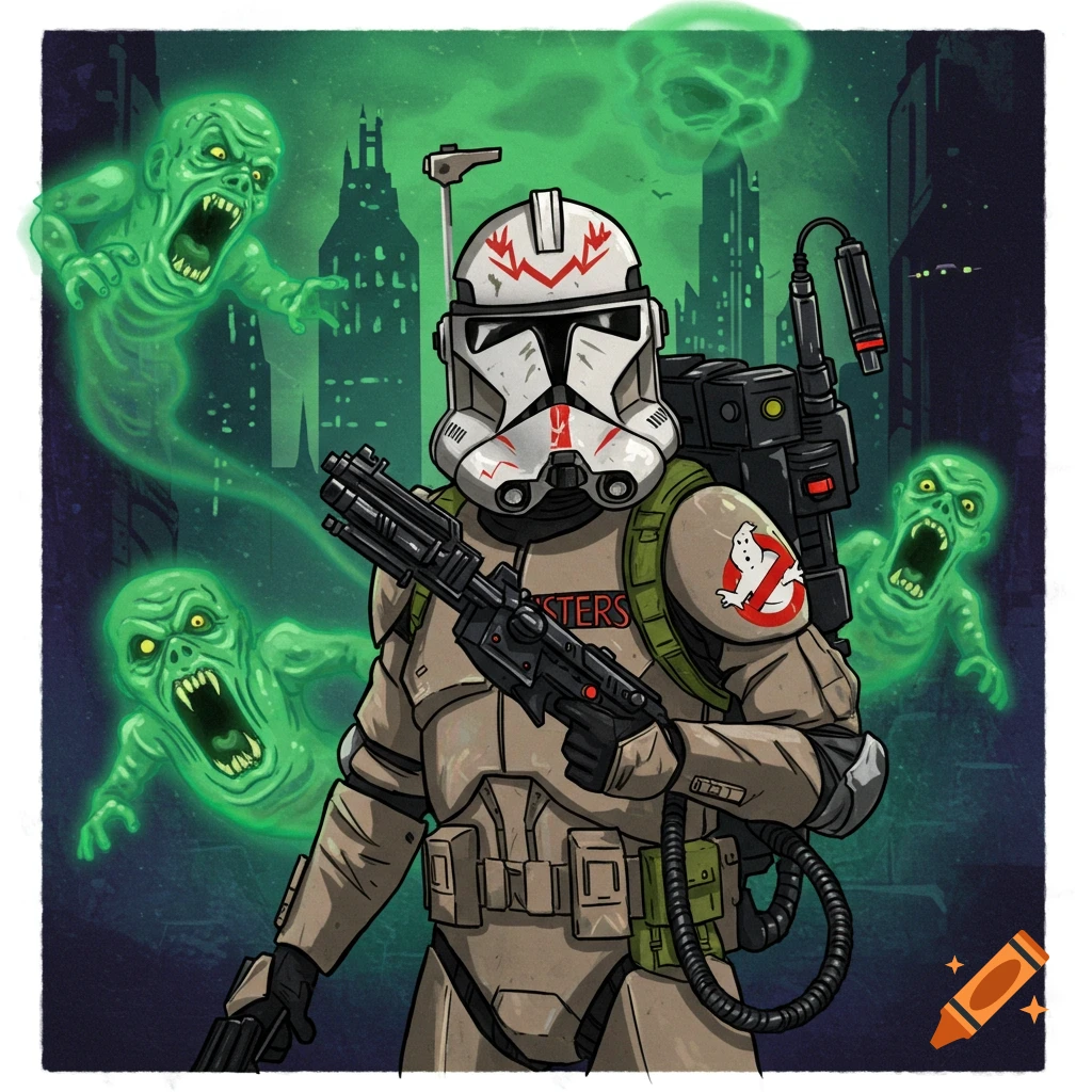 Star Wars clone trooper dressed as a Ghostbuster fighting ghosts in a city.