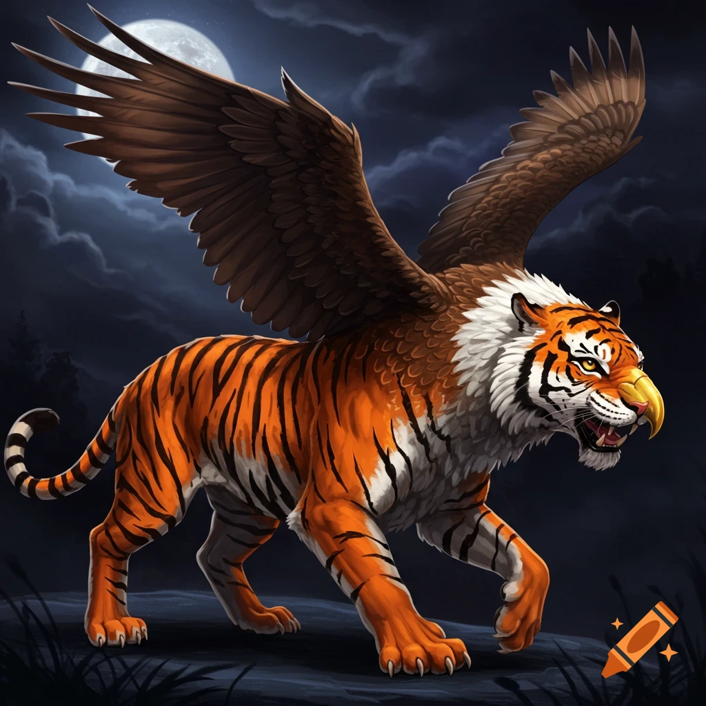A tiger and eagle hybrid creature walking at night.