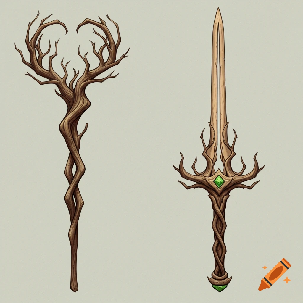 An intricately designed wooden staff and a wooden sword with green gems.
