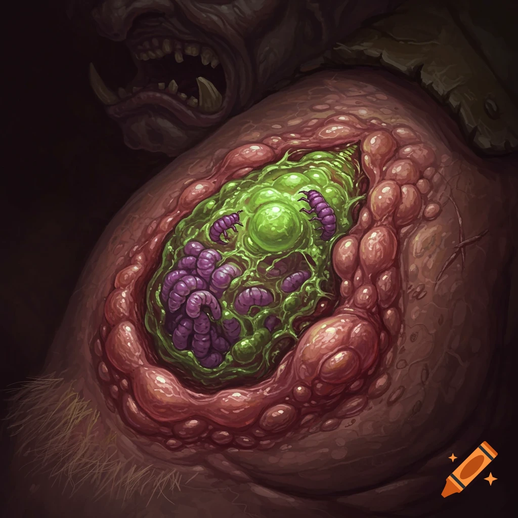 Grotesque image of an infected boil with green pus and purple worms on a troll's skin.