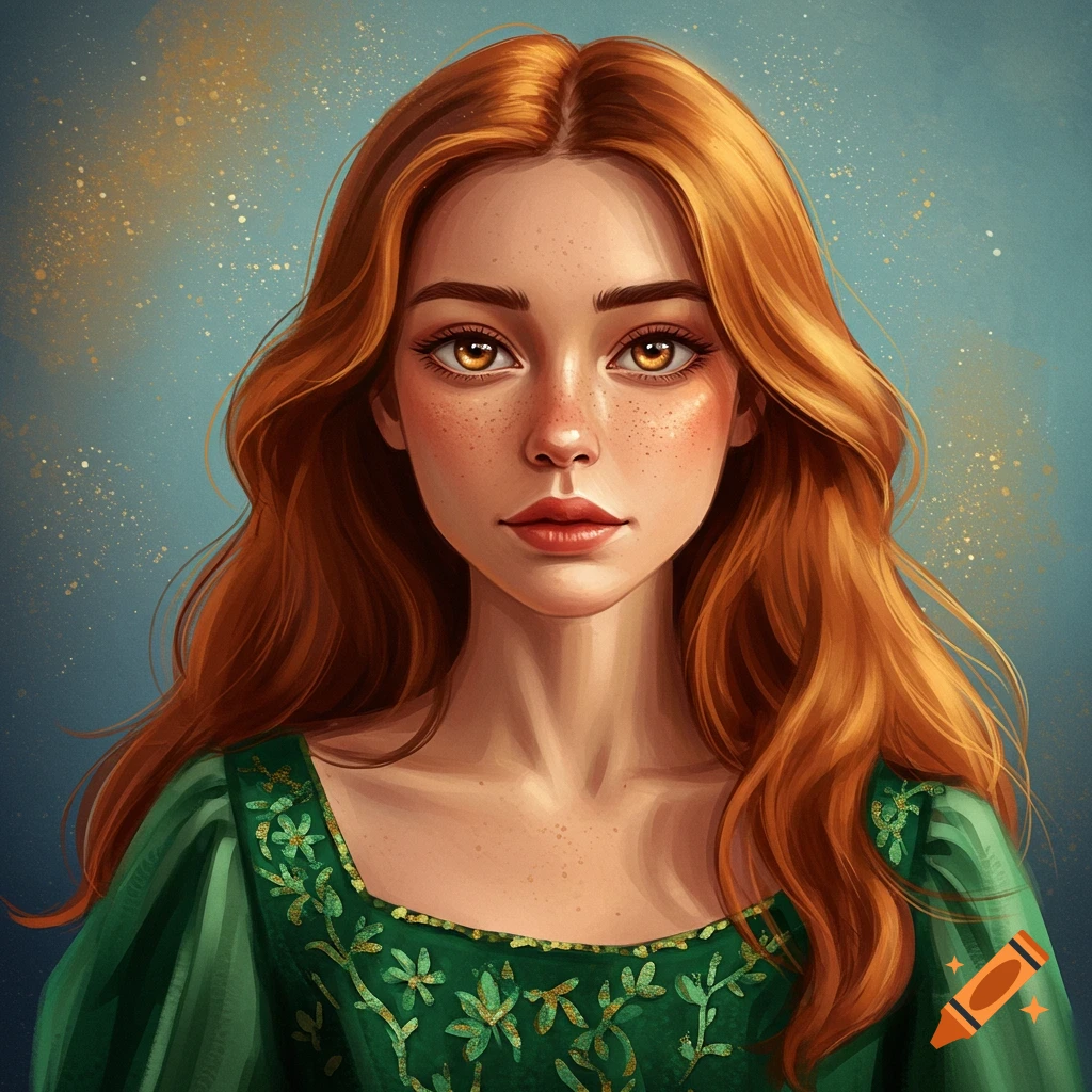 A woman with long red hair and freckles wearing a green dress.