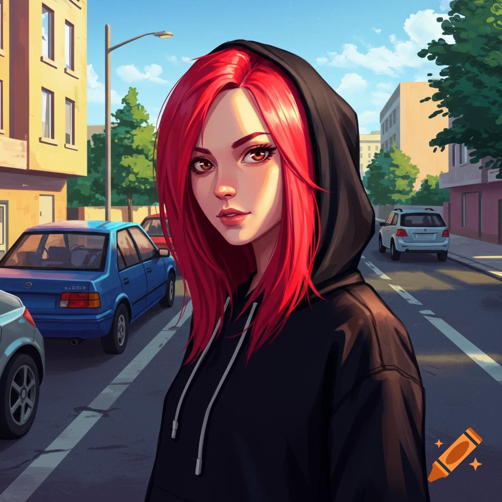 A girl with red hair and a black hoodie standing on a street with cars.