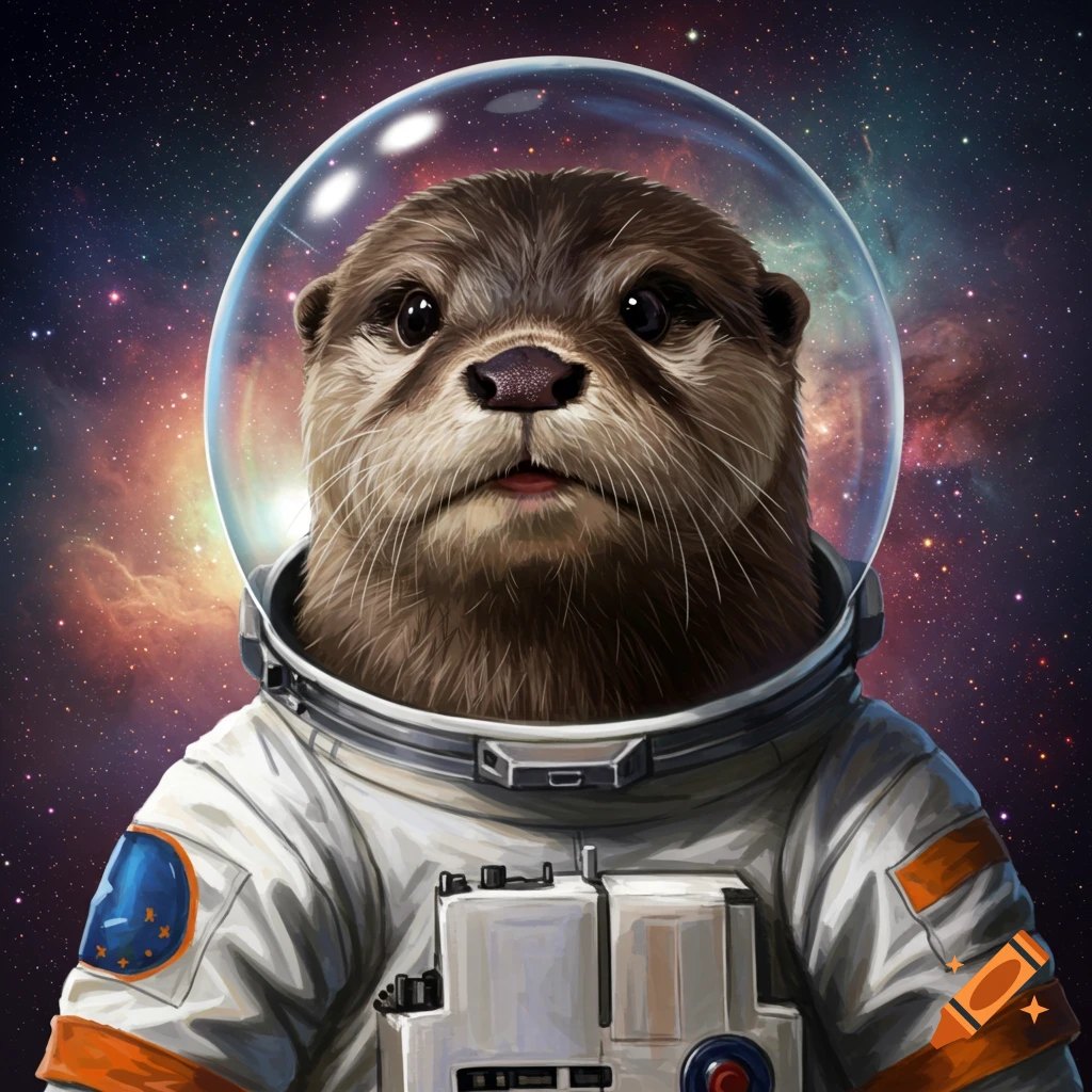 Portrait of an otter in an astronaut suit with a space background.