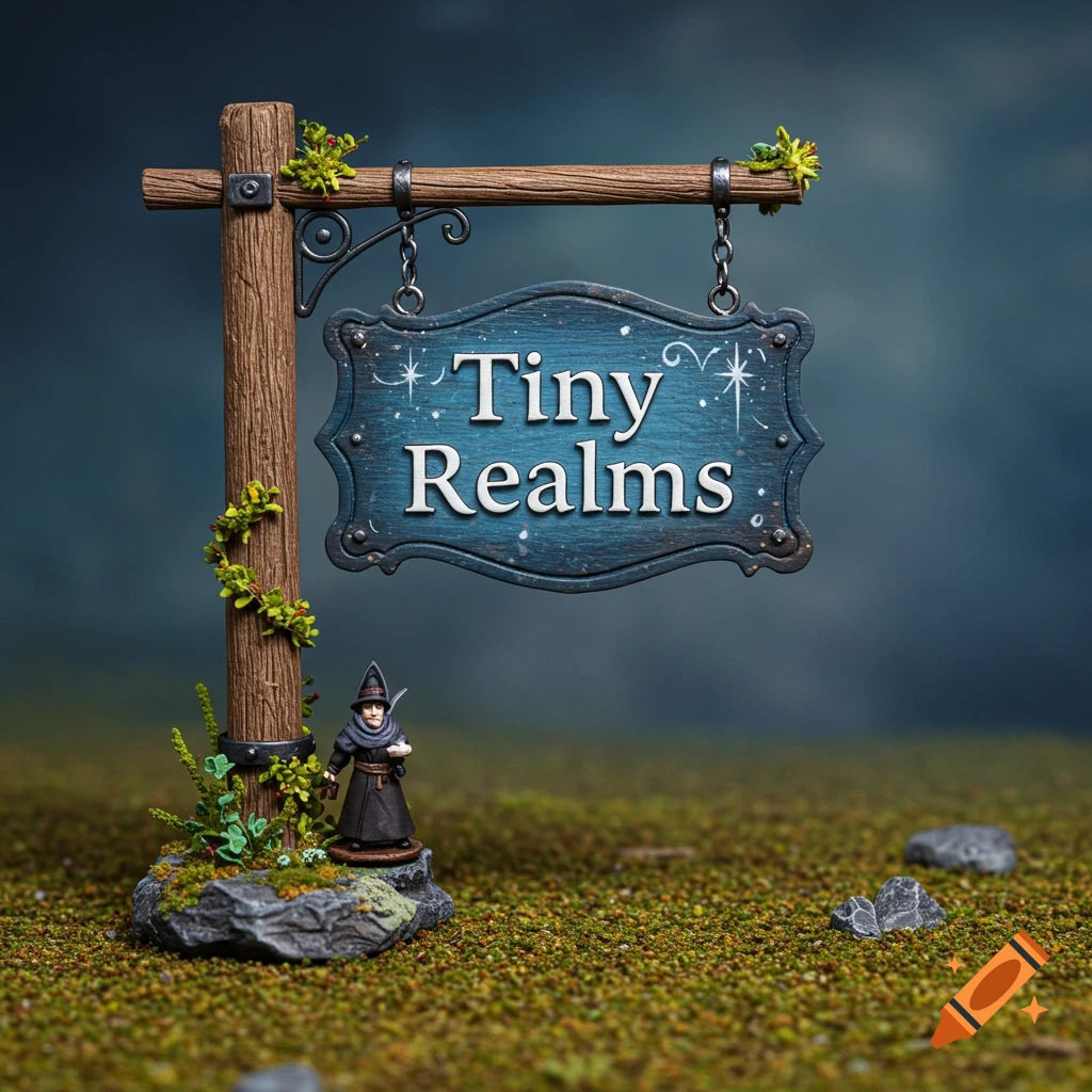 Miniature scene with Tiny Realms sign and small figure