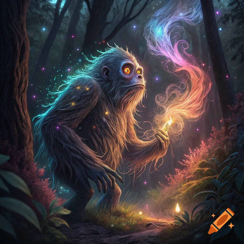 A furry creature with glowing eyes holds a glowing object emitting rainbow magic in a dark forest.