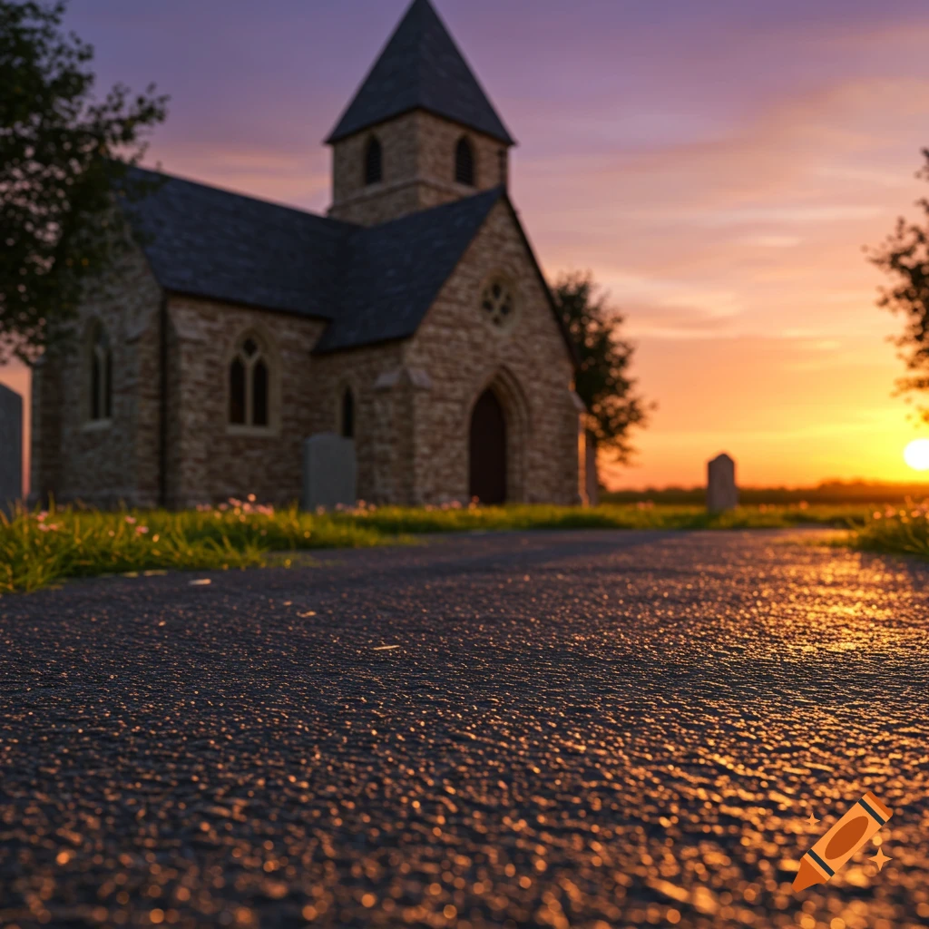 Low-angle view of a stone church and graveyard at sunset, looking down a paved road.