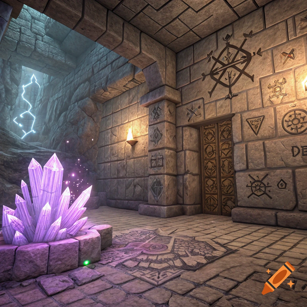 A fantasy cave entrance with glowing purple crystals, stone walls covered in symbols, and a stormy sky in the background.