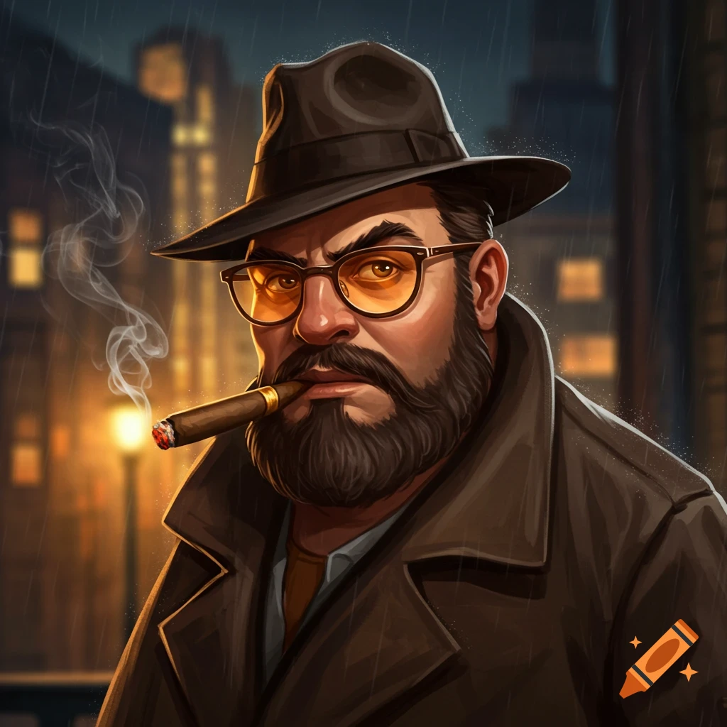 Illustrated portrait of a man in a fedora, trench coat, and orange glasses smoking a cigar in the rain.