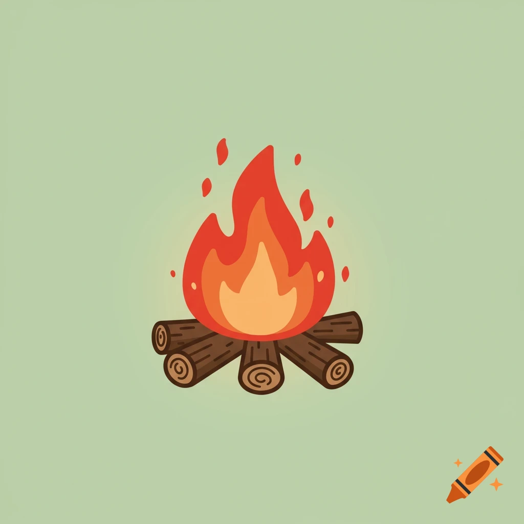 A simple cartoon campfire with flames and logs on a light green background.