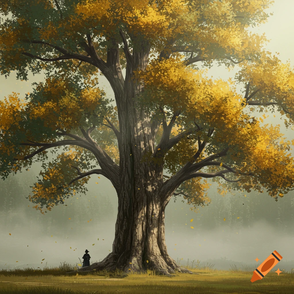 A large ancient tree with yellowing leaves stands in a foggy landscape with a small figure below.