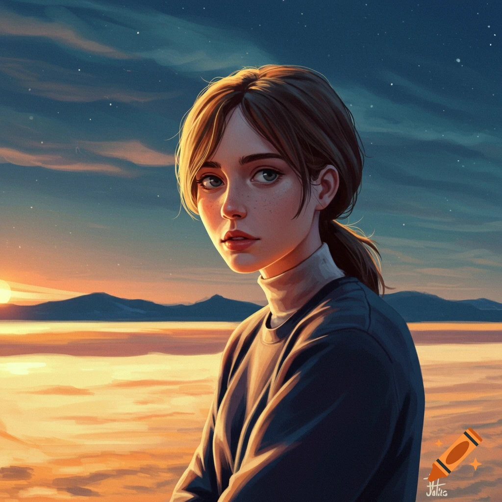 A young woman with a ponytail against a sunset landscape.