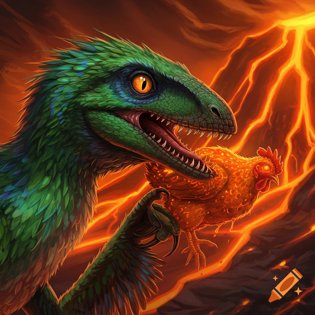 A green feathered dinosaur holding an orange lava chicken near a volcano.