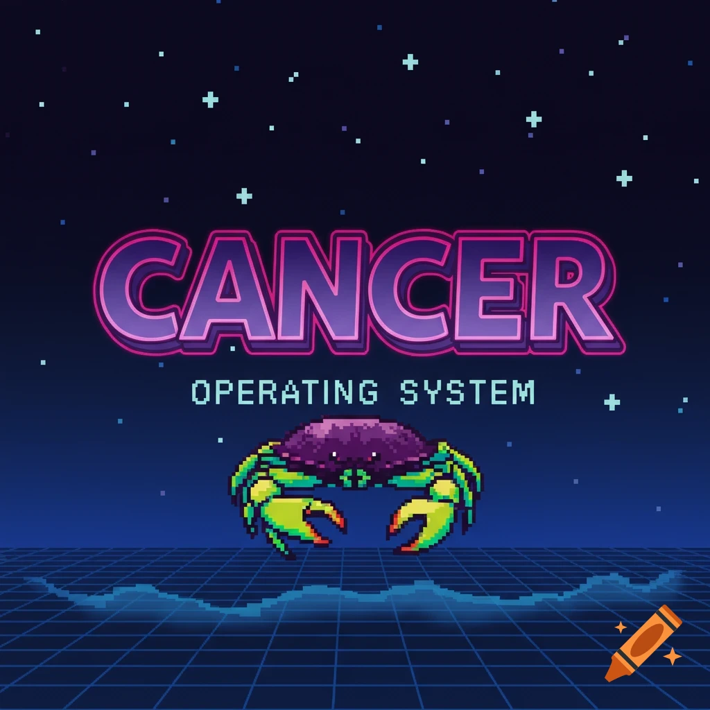 Pixel art retro startup screen with text 'CANCER OPERATING SYSTEM', a crab, and a grid.