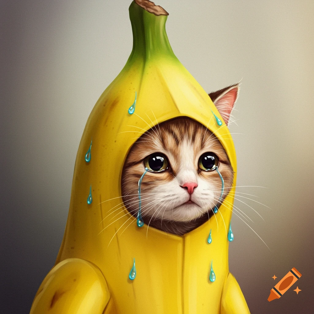 A sad cat wearing a banana suit with tears streaming down its face.