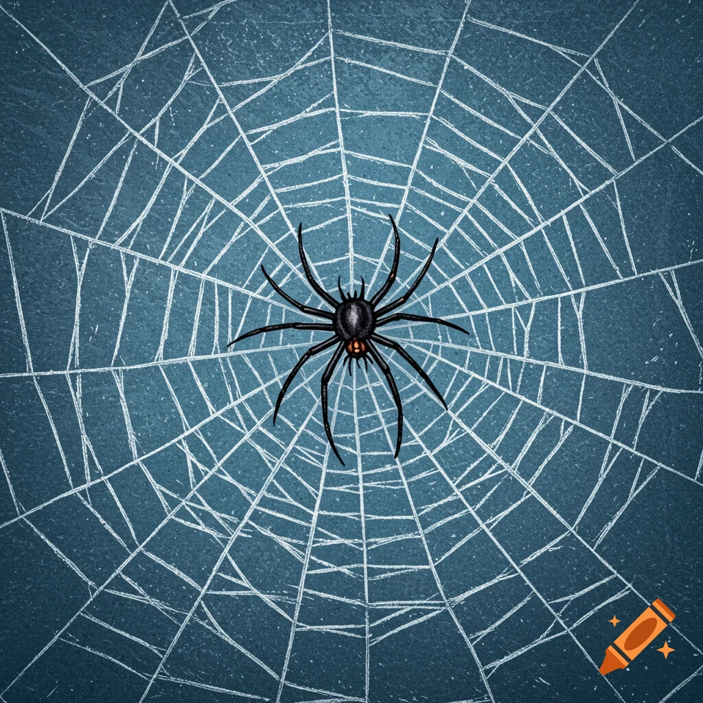 A black spider sits in the center of a white spider web on a dark blue background.