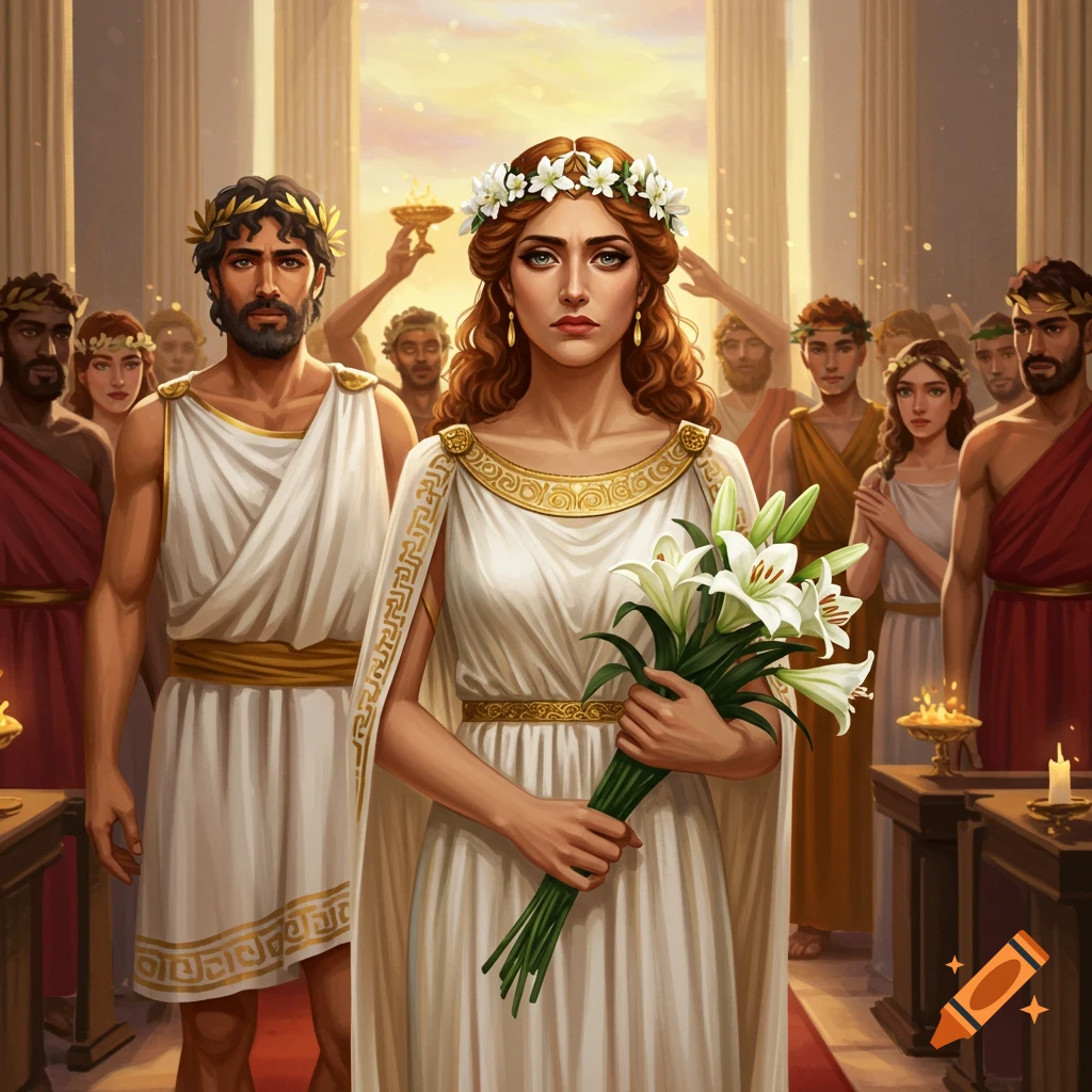 Woman in white dress holding flowers at ancient Greek wedding