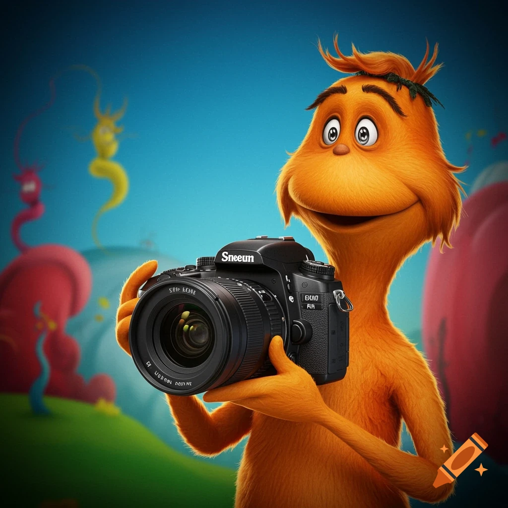 A cartoon Sneetch character from Dr. Seuss holds a modern digital camera in a whimsical landscape.