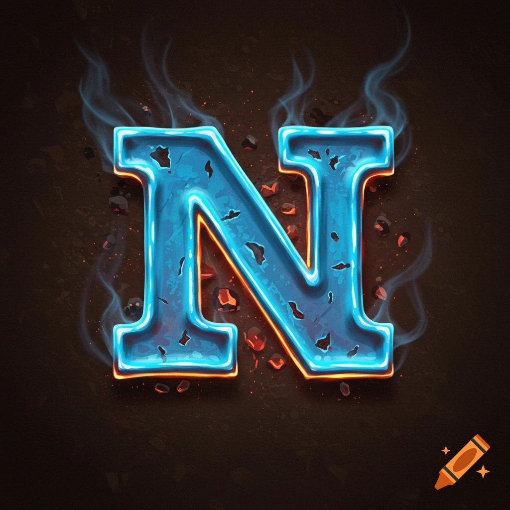 Stylized letter N with blue glow, smoke, and debris on a dark background.