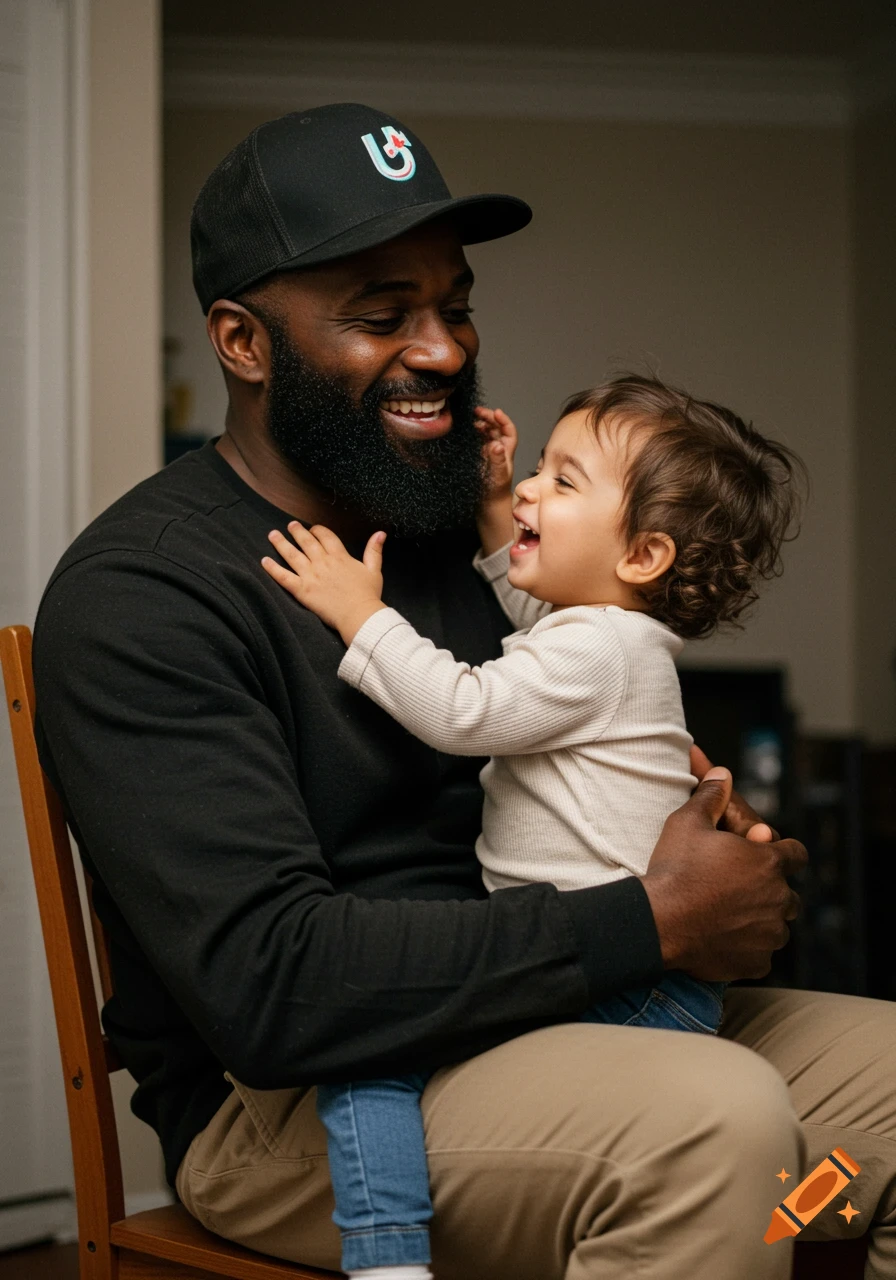 Black man holding laughing child on lap, child reaches for beard.