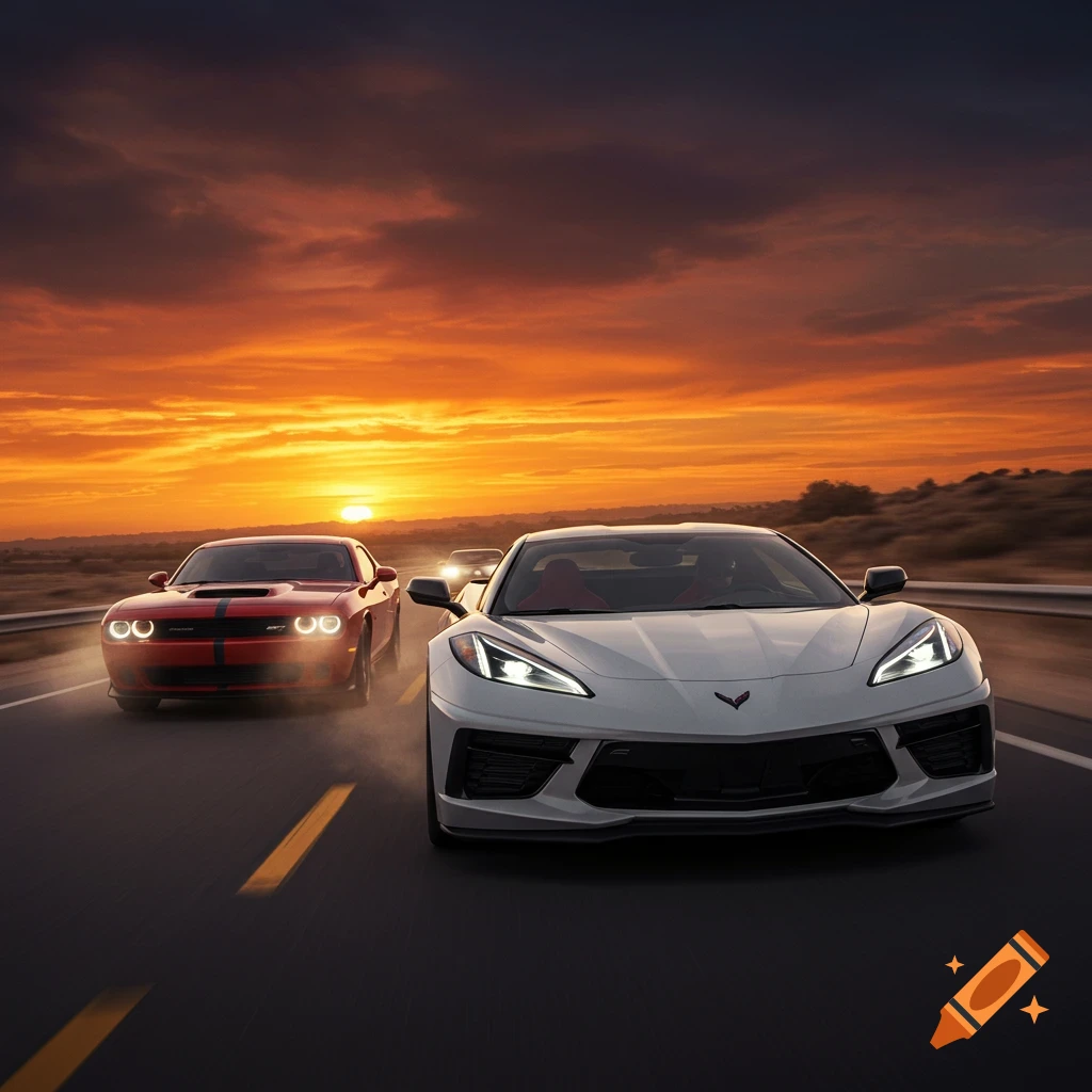 White Corvette and red Dodge Demon cars race down a highway at sunset with motion blur.