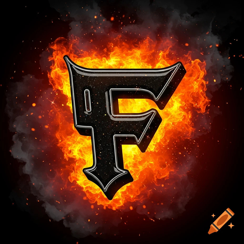 Stylized letter F with black glitter surrounded by flames and smoke