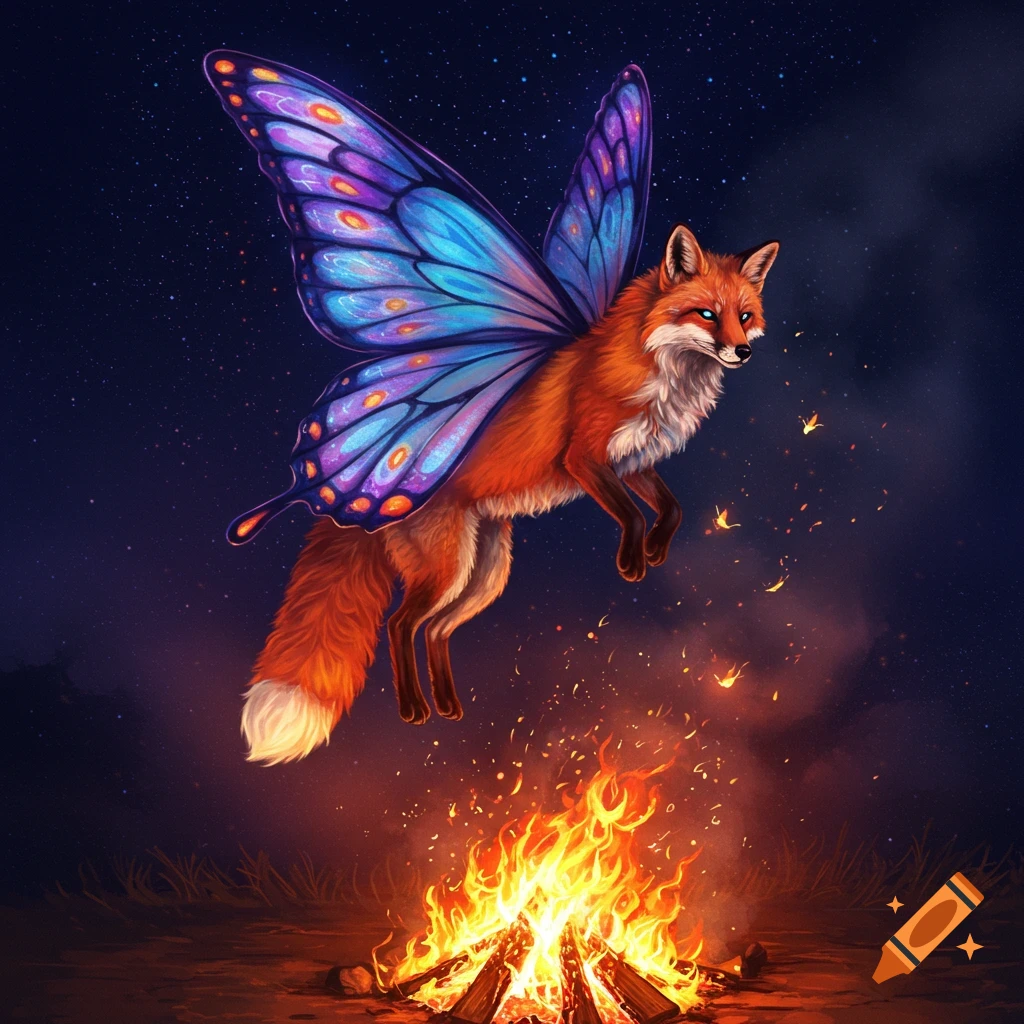 A fox with colorful butterfly wings flying over a campfire at night.