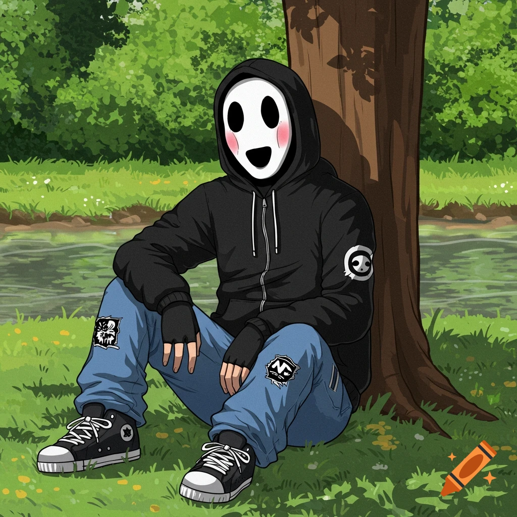 A cartoon person in a Shy Guy mask, black hoodie, and blue jeans sits by a river in a forest, leaning against a tree.
