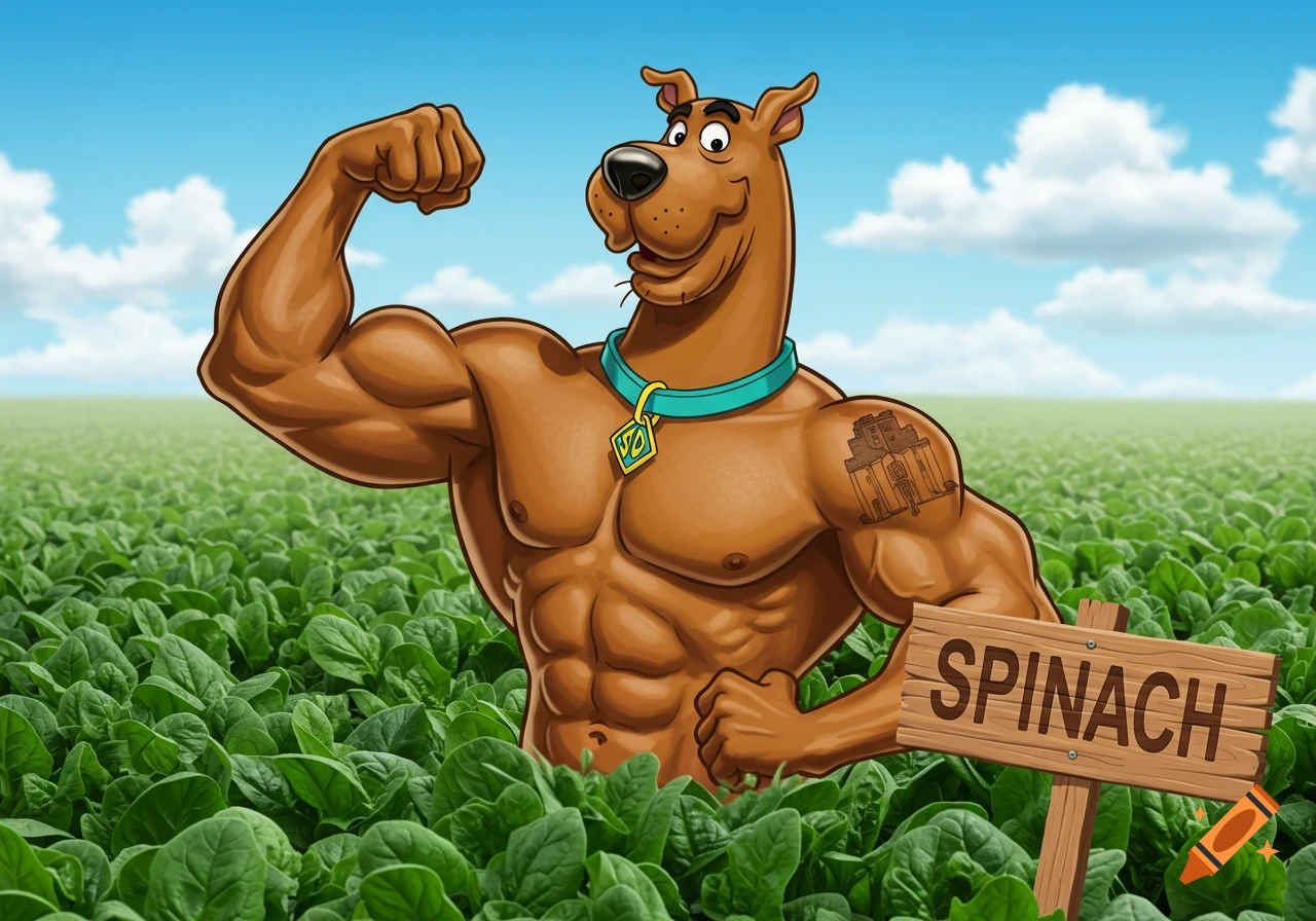 A muscular Scooby Doo flexing his bicep in a field of spinach next to a sign reading "SPINACH".