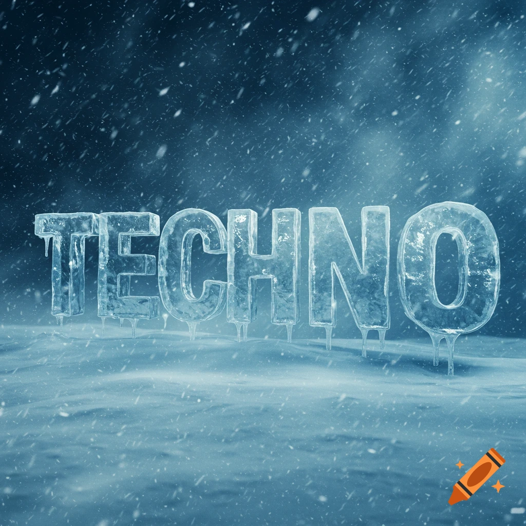 The word TECHNO spelled out in frozen ice block letters with dripping icicles in a snowy blizzard.
