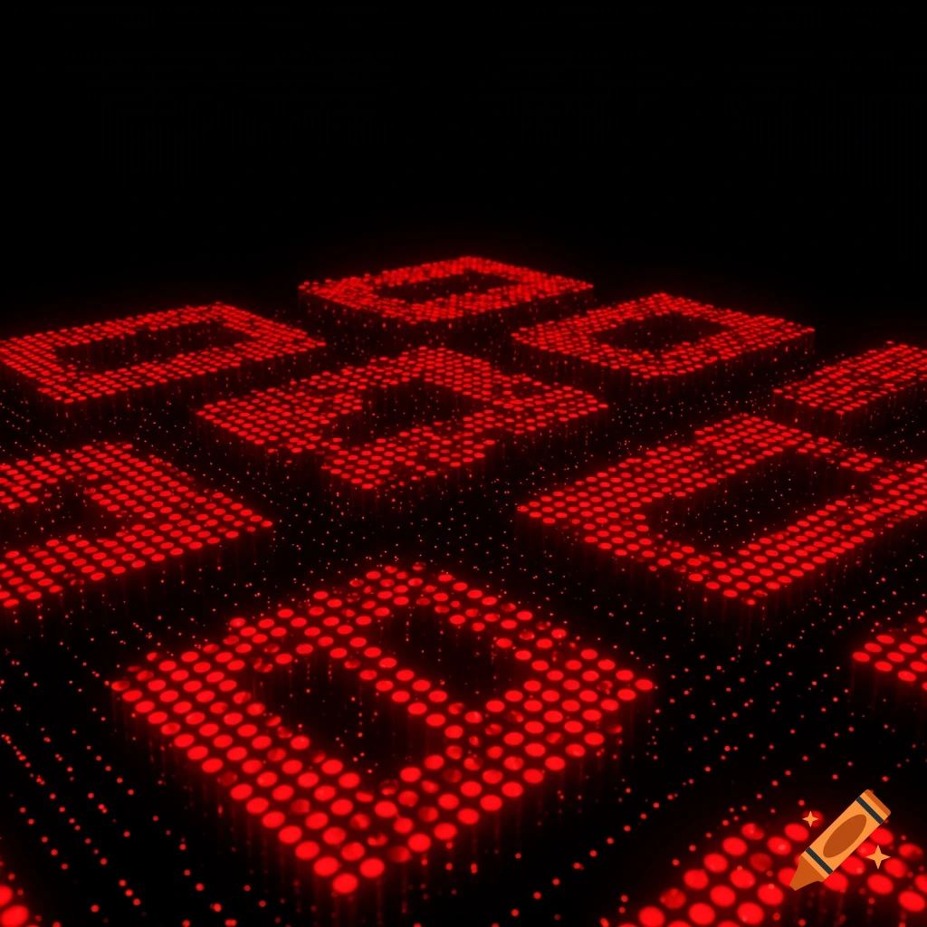 Digital art of red dots forming numbers on black background.
