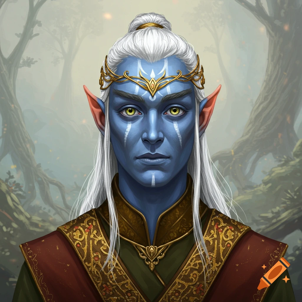 Portrait of a blue-skinned fantasy elf with white hair and gold crown
