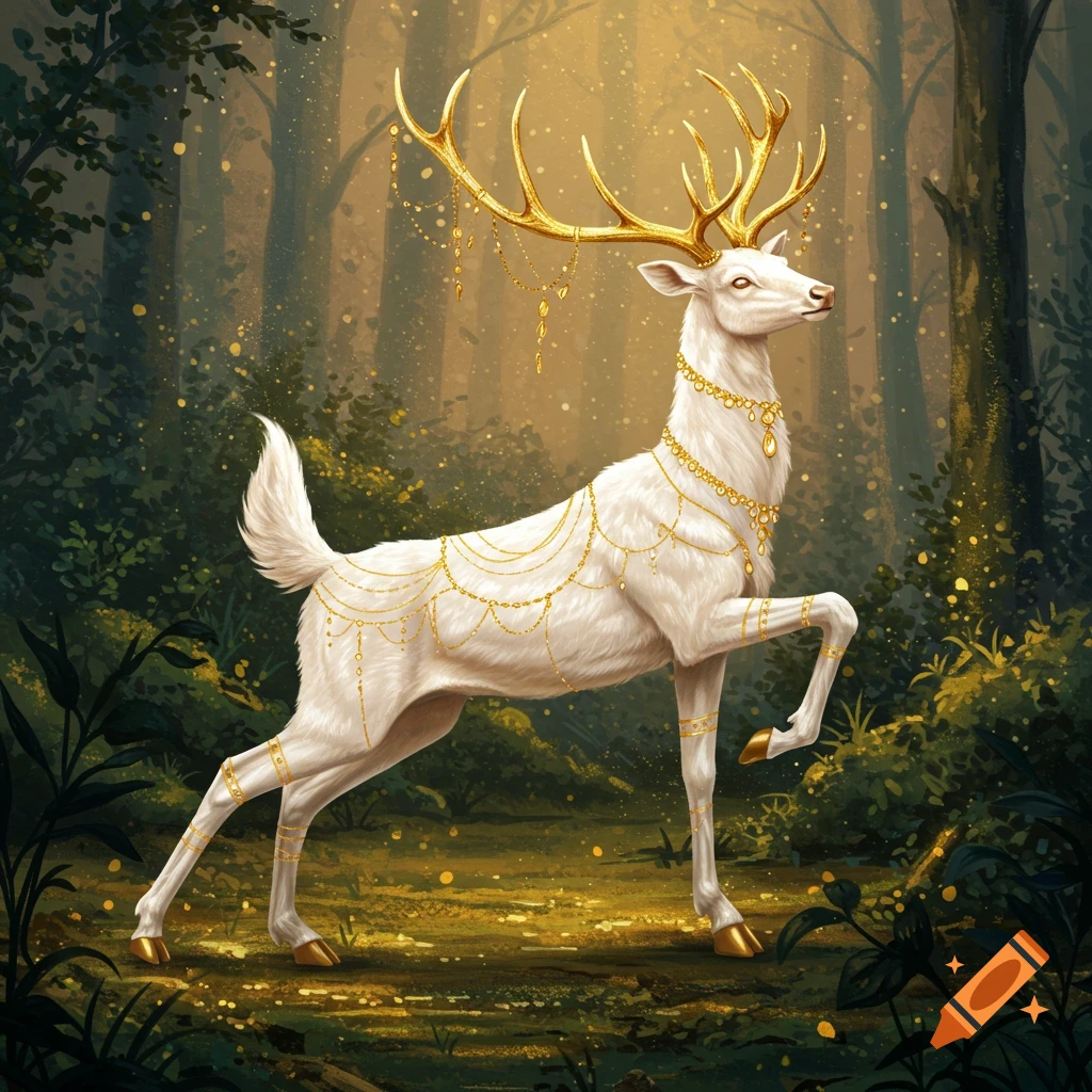A white stag with gold antlers and jewelry stands in a lush forest.