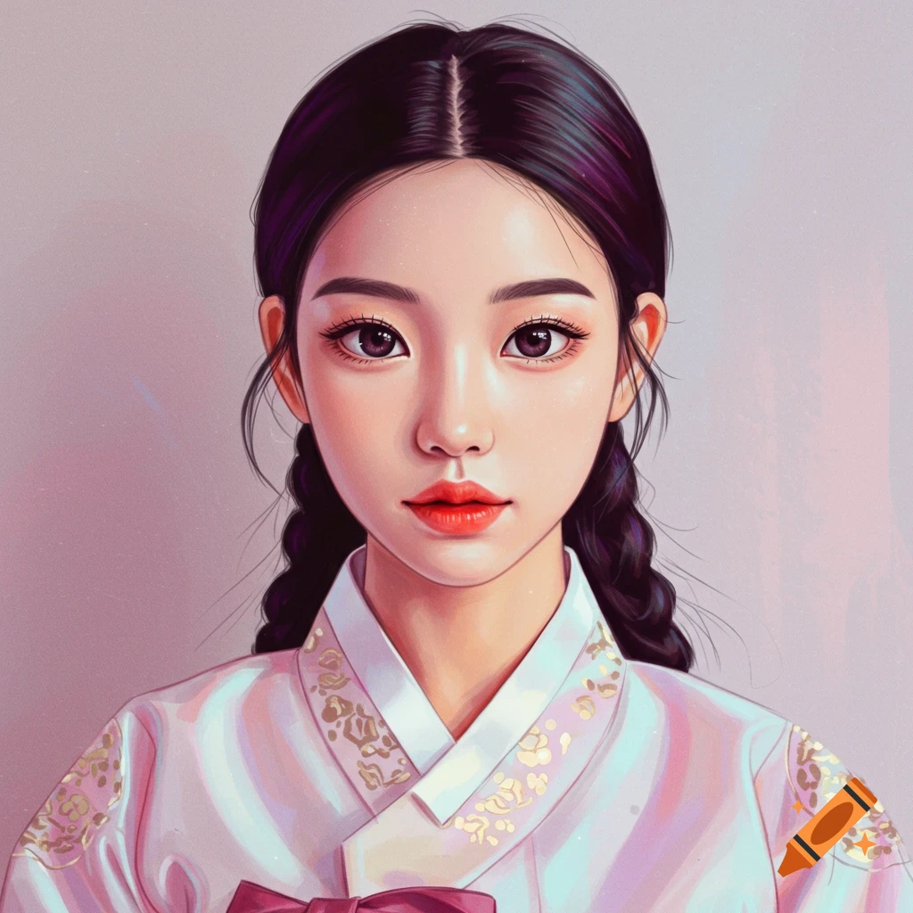 A young woman with braided hair wearing a pink and gold Hanbok.