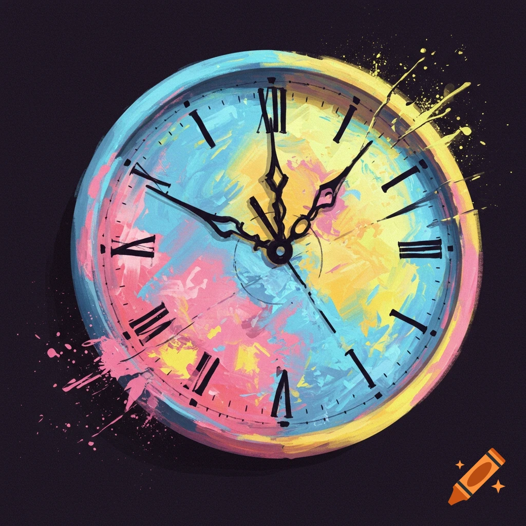 A colorful clock face with paint splashes