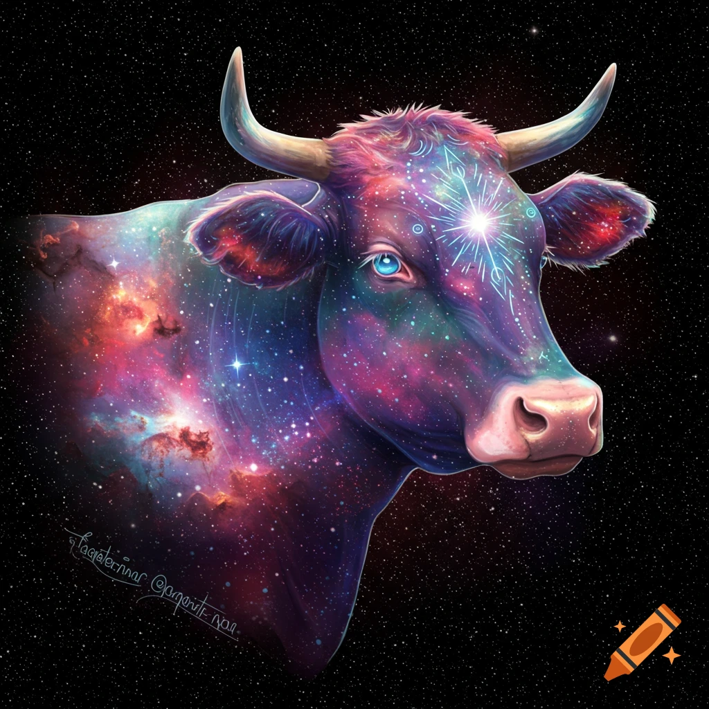 A cow with a body filled with galaxy and stars against a starry background.