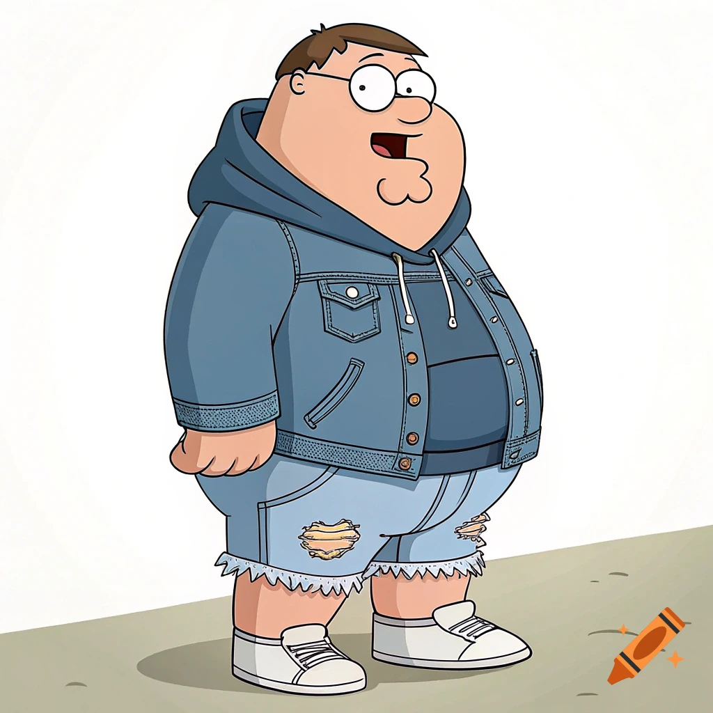 Cartoon illustration of Peter Griffin wearing a denim jacket, blue hoodie, and ripped jean shorts