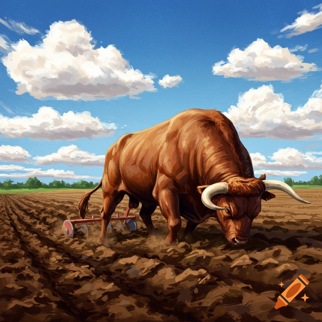 A powerful brown bull pulls a tiller through a field of tilled earth under a blue sky with clouds.