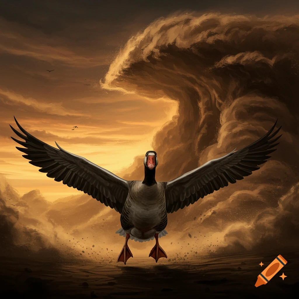 A goose flying with spread wings in front of a huge sandstorm at sunset.