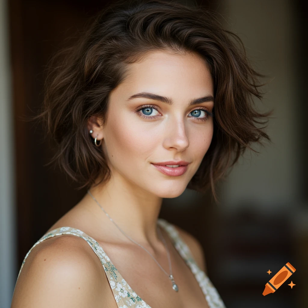 Close-up portrait of a woman with short brown hair and blue eyes