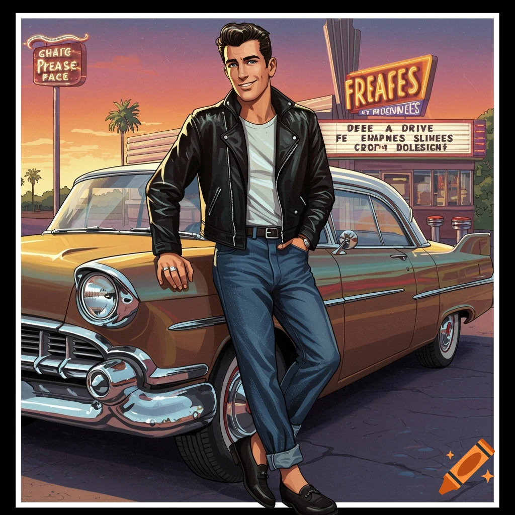 A greaser man leans on a vintage car in front of a diner at sunset in a 1950s illustration style.