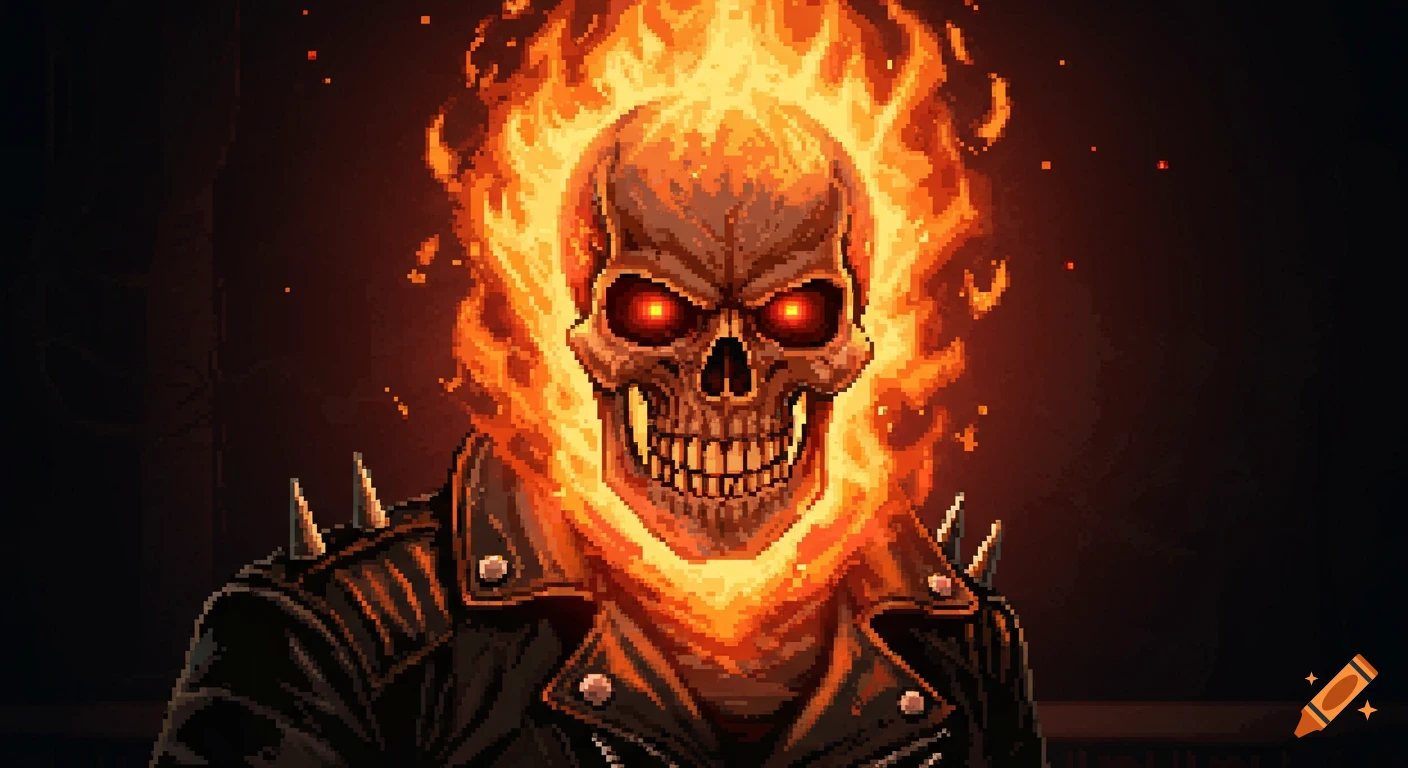 Pixel art close-up of the Ghost Rider with a flaming skull and leather jacket.