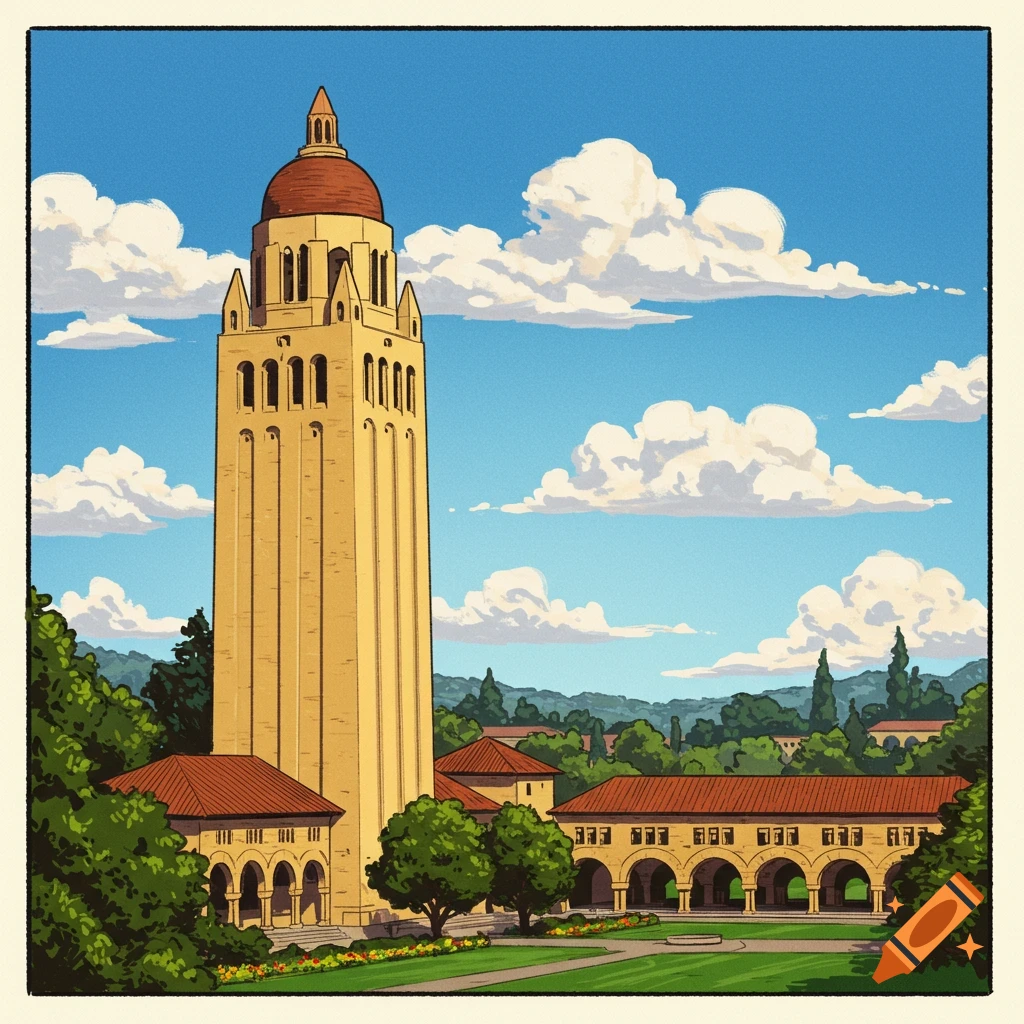 The Stanford Hoover Tower and campus buildings.
