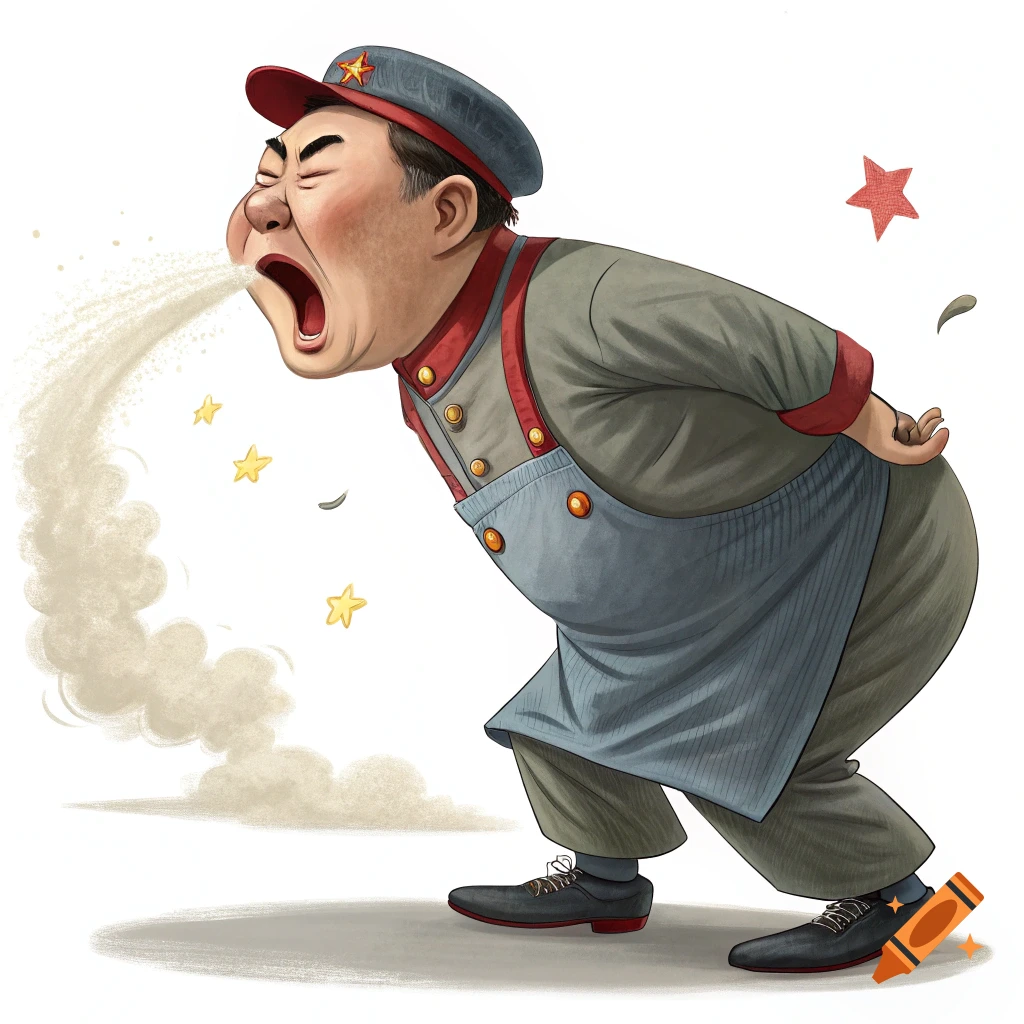 Cartoon illustration of a person in uniform coughing or sneezing forcefully.