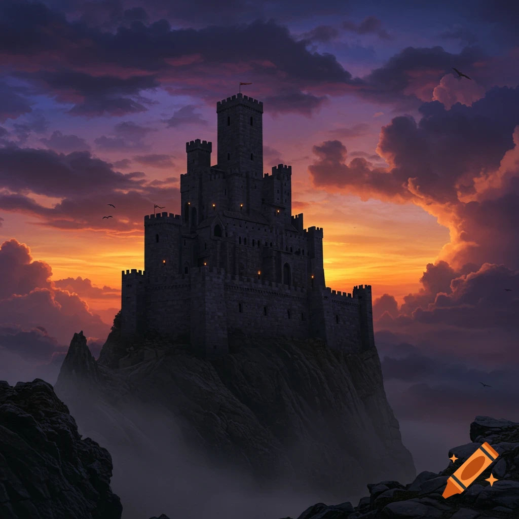 A dark castle stands on a rocky peak against a dramatic sunset sky.