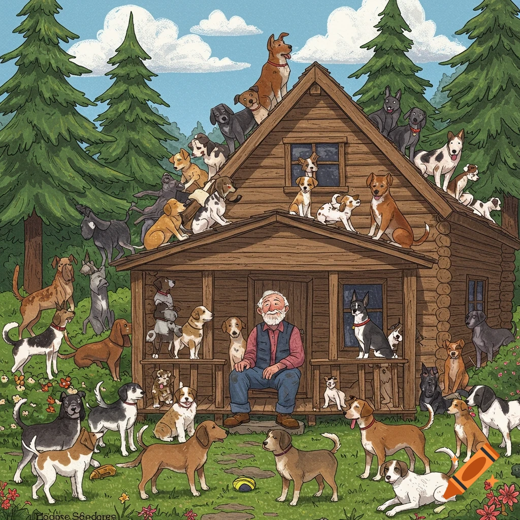 An illustration of an old man sitting on a cabin porch surrounded by dozens of dogs in a forest.
