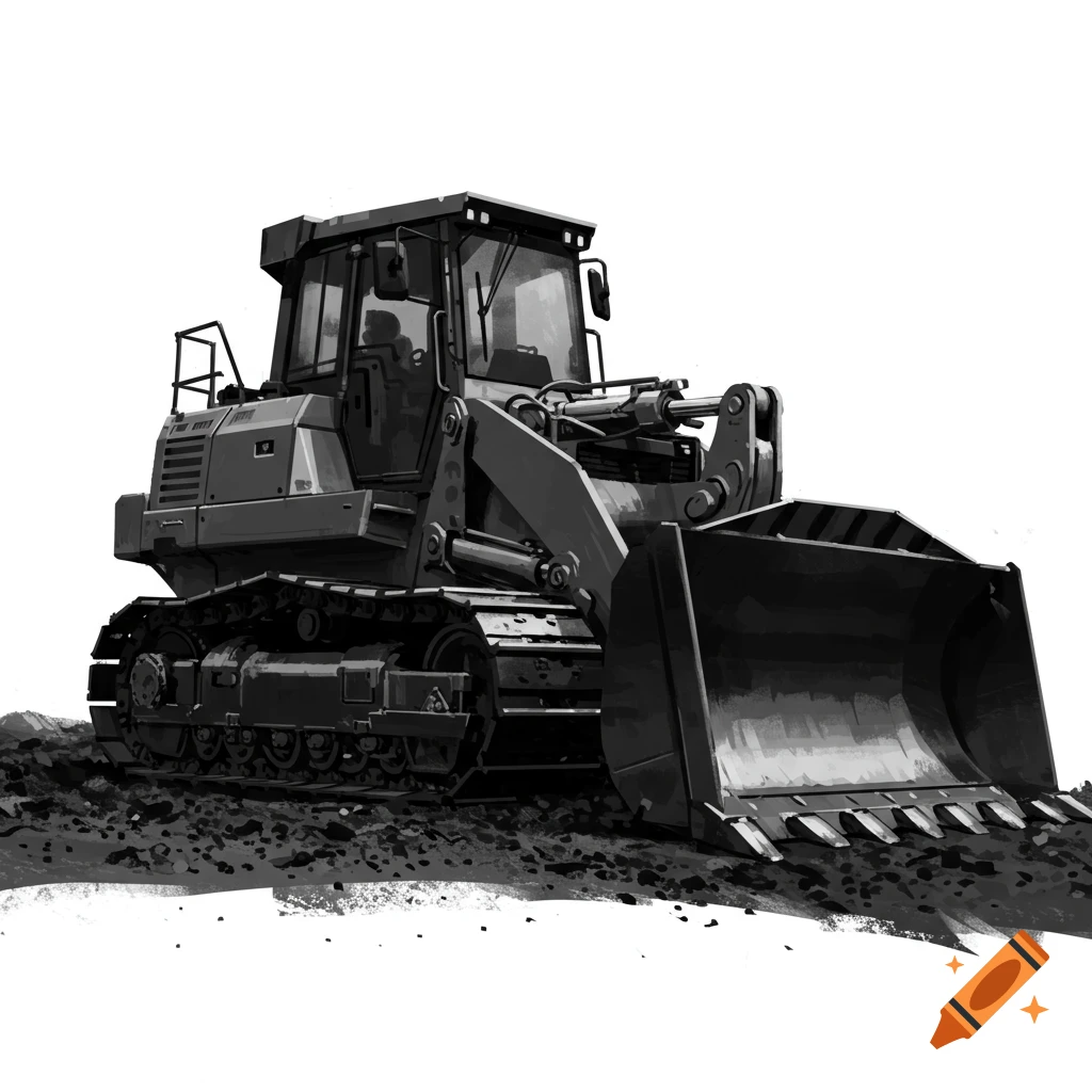 A black and white bulldozer on dirt.